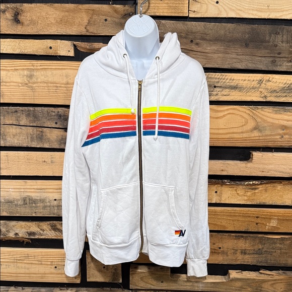 Aviator Nation Tops - Aviator Nation 5 Stripe Relaxed Zip Hoodie Unisex L White Neon Rainbow 70s Sport